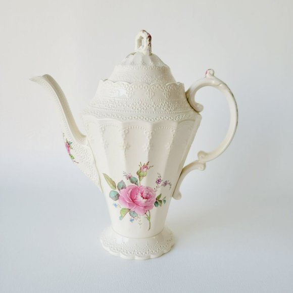 Vintage Spode's Jewel Billingsley Rose Pink Coffee Pot Embossed Lace Pattern - Picture 1 of 12